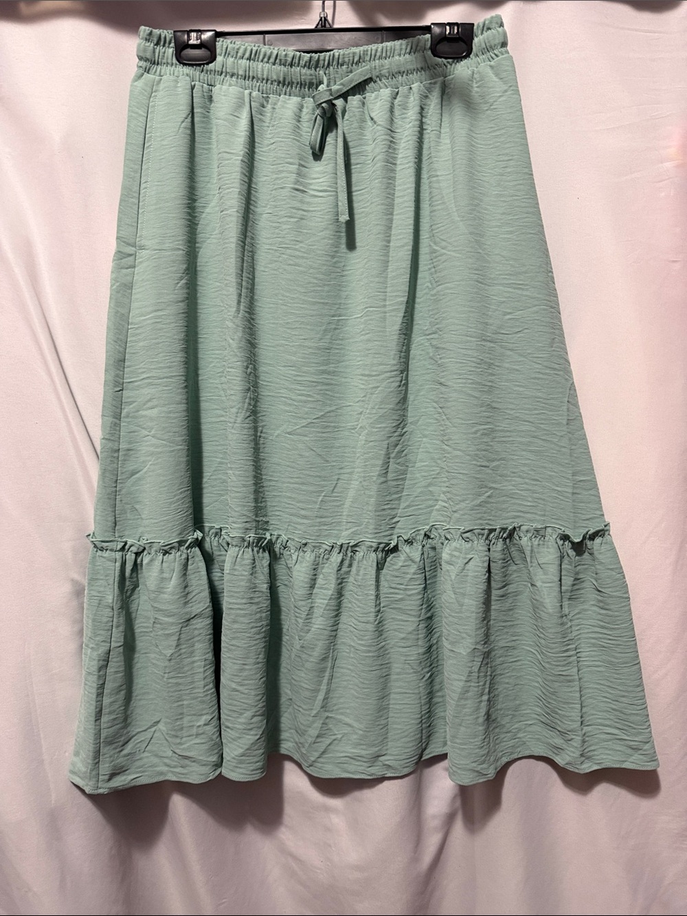 Women’s Sage Green Tiered A-Line Midi Skirt with Drawstring Waist